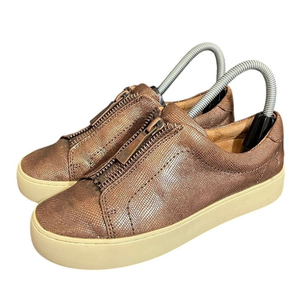 Frye‎ Lena Lace Sneakers Womens 6.5 Bronze Snake Embossed Leather Front Zip